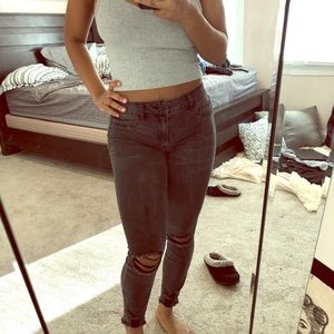 Mid rise skinny distressed dark grey jeans